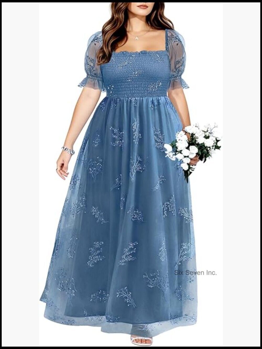 Plus Size Formal Dress with Sequin Floral Embroidery Tulle